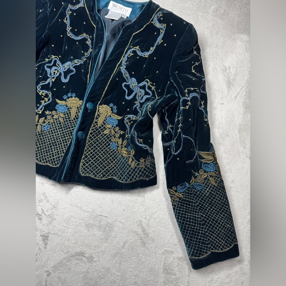 Vintage Worth Silk Blend Dark Teal Velvet Embroidered Celestial Blazer Size 4P - Picture 7 of 17